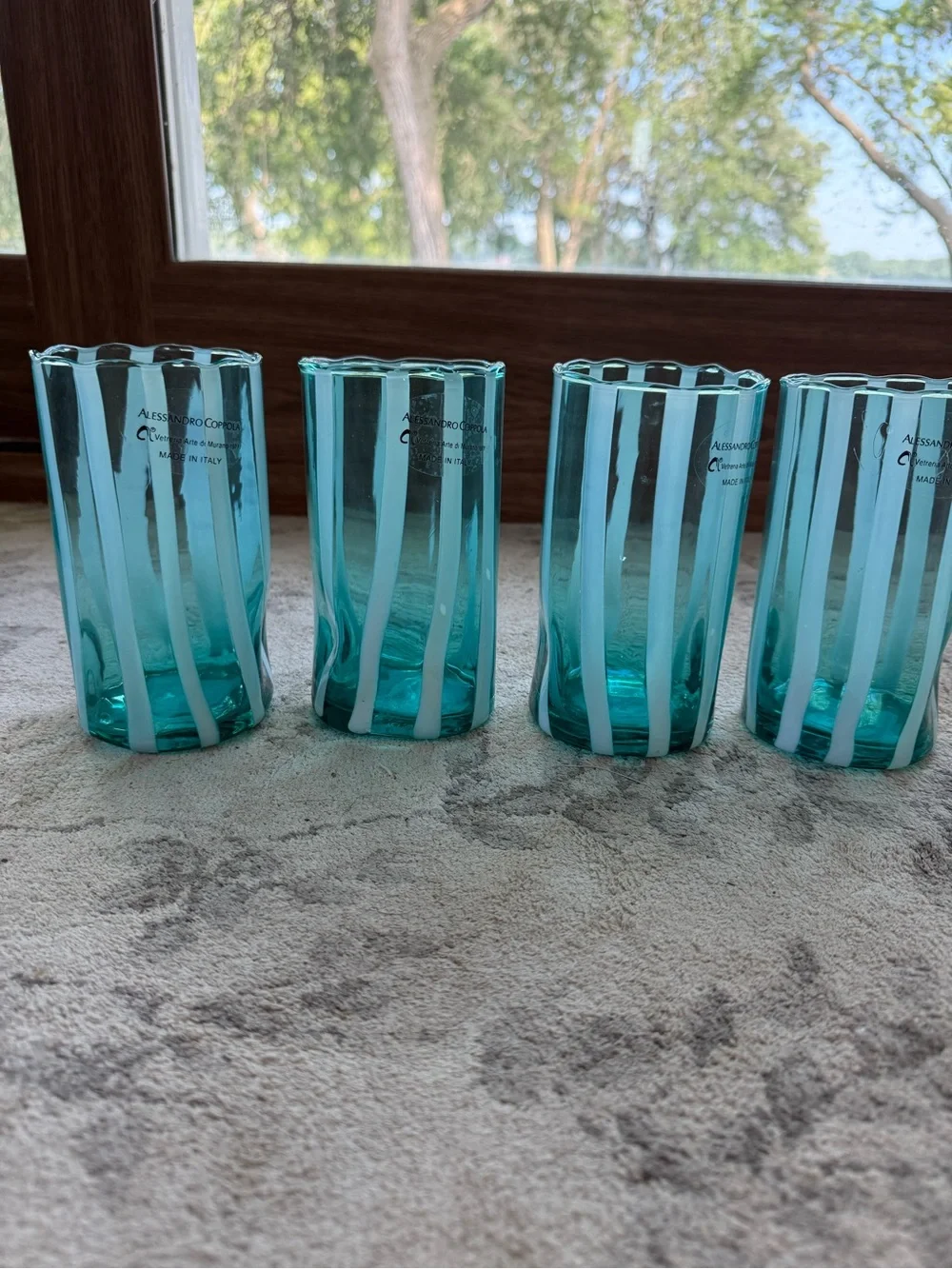 New Set of 4 Alessandro Coppola Aqua green Striped Glasses.  Murano